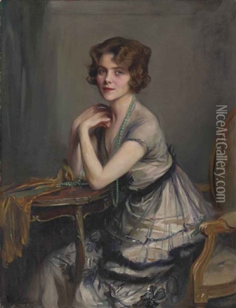 Portrait Of Winnie Melville, Mrs Derek Oldham Oil Painting - Philip Alexius De Laszlo