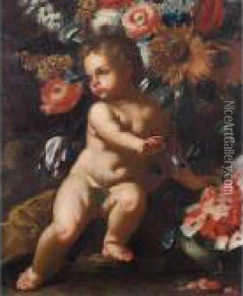 Still Life With A Putto Beside A
 Watermelon, Beneath A Sunflower, Convolvulus, Tulips And Other Flowers Oil Painting - Frans Werner Von Tamm