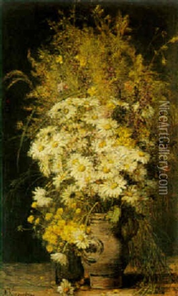 Vase De Marguerites Et De Fleurs Des Champs Oil Painting - Alexis Kreyder