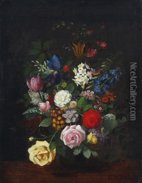 Still Life With Roses, Primula And Hyacinth In A Vase Oil Painting - Otto Didrik Ottesen