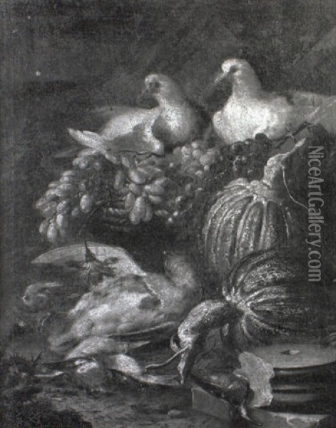Doves Perched On A Basket Of Grapes, With Carnations And Bords On A Bank Oil Painting - Felice Boselli