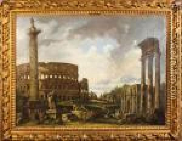 Caprice D'architecture Avec Le Colisee, La Colonne Trajane Et L'arcde Constantin Oil Painting - Giovanni Niccolo Servandoni