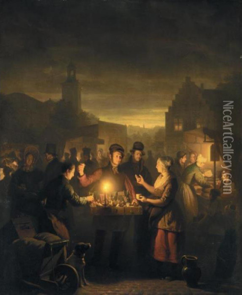A Market By Moonlight Oil Painting - Petrus van Schendel