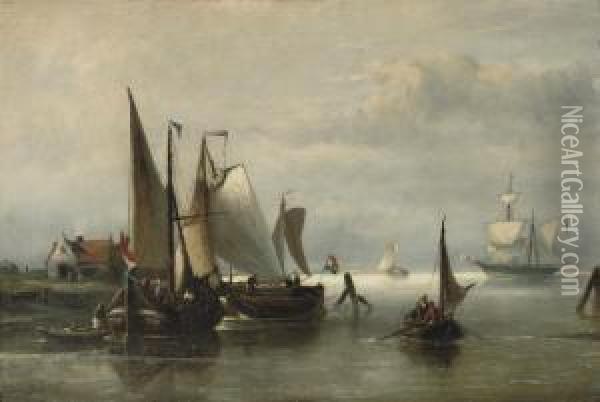 Barges Moored In A Calm Oil Painting - Nicolaas Riegen