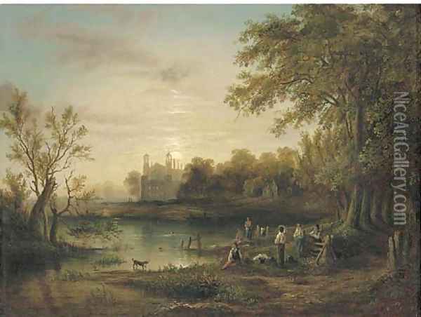 Boys bathing by moonlight with Eton College beyond Oil Painting - Sebastian Pether