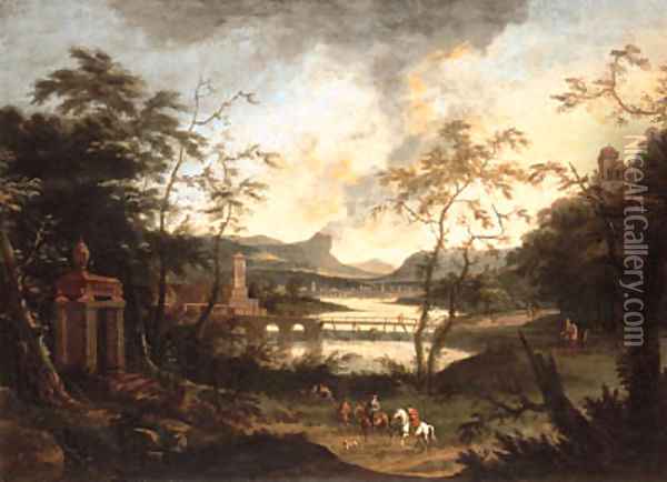 An extensive river landscape with a hunting party on a track Oil Painting - Dirck Maas