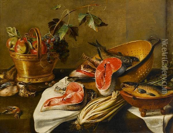 A Colander Filled With Salmon 
With A Copperbasket Of Apples And Grapes With Dead Songbirds And Celery 
On Adraped Table-top Oil Painting - Frans Snyders