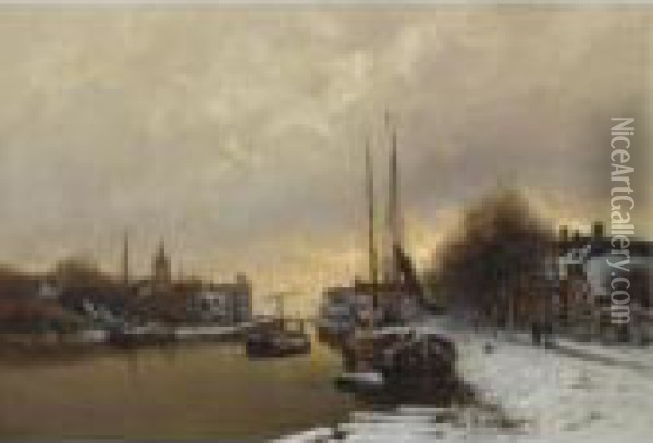 Moored Boats In A Winter Landscape Oil Painting - Louis Apol