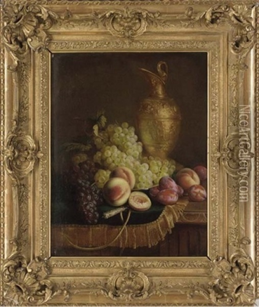 Grapes, Peaches, Plums And An Ornamental Bronze Ewer On A Draped Ledge Oil Painting - Claudius Pizetta