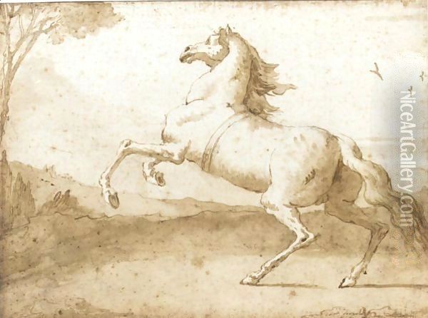 A Rearing Horse, In A Landscape Oil Painting - Giovanni Domenico Tiepolo