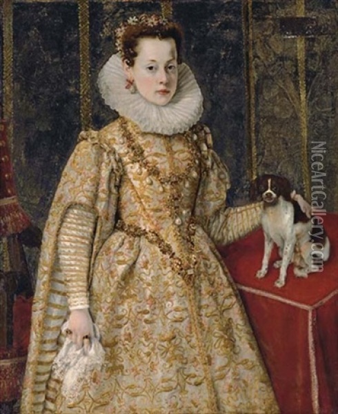 Portrait Of Margherita Of Savoy In A White Dress With Gold And Pink Brocade, With Flowers In Her Hair, Standing Next To A Table With A King Charles Cavalier Spaniel Oil Painting - Sofonisba Anguissola