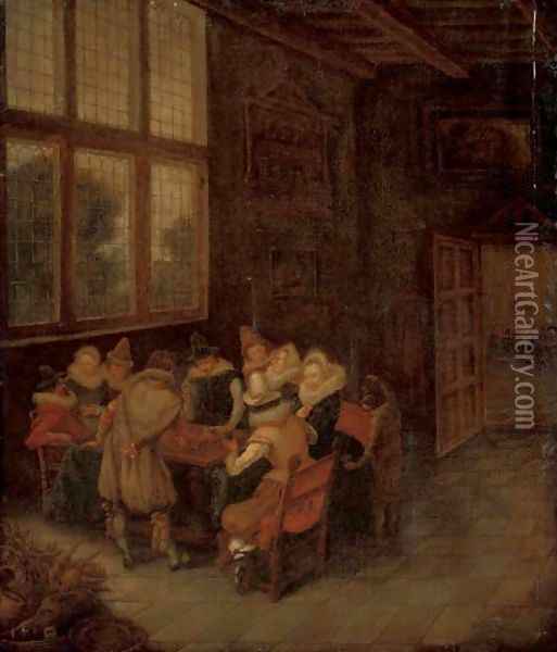 Elegant company conversing at a table in an interior Oil Painting - Pieter De Hooch