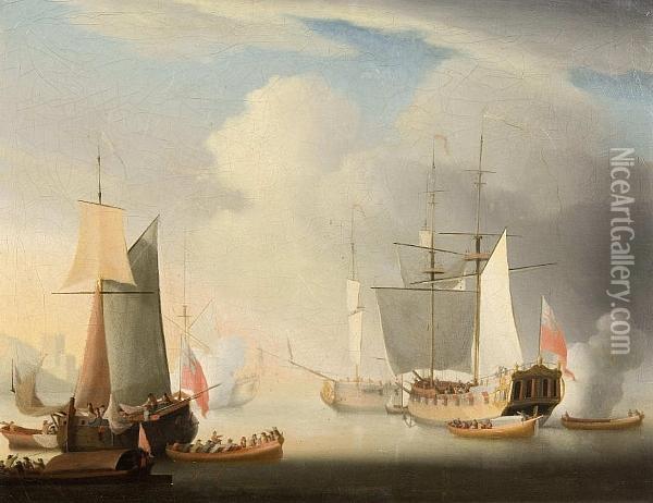 Various Shipping Off A Coast Oil Painting - Francis Swaine