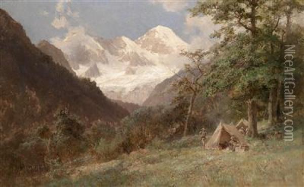View Of A Mountain Chain In The Caucasus With Explorers In Their Tented Camp Oil Painting - Edward Theodore Compton
