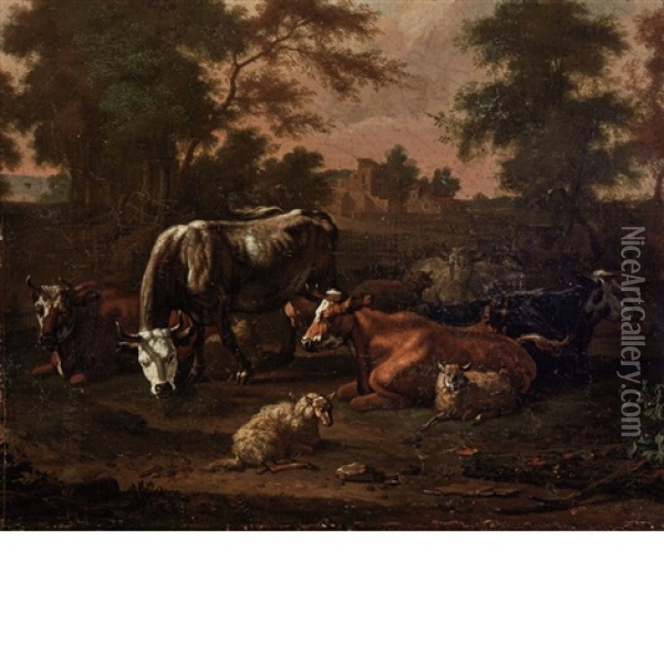 Cows And Sheep In A Landscape, A Village In The Distance Oil Painting - Adriaen Van De Velde