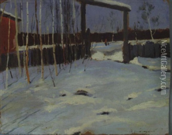Russian Winter With Figures In Background Oil Painting - Wladimir G. Krikhatzkij