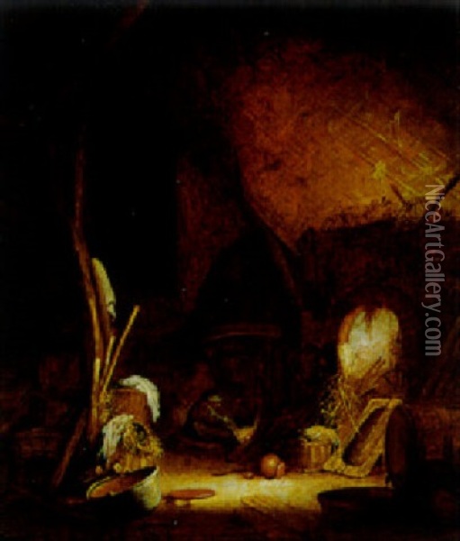 Ein Bauer In Der Scheune Am Kamin Oil Painting - Hendrick Potuyl