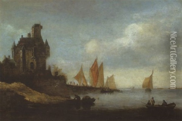 Schloss Mit Eckturmchen Und Bootssteg Am Linken Ufer Eines Flusses Oil Painting - Frans de Hulst