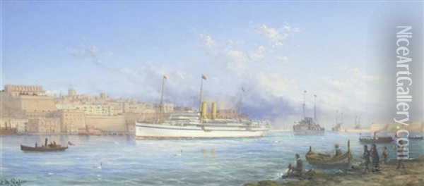 H.m.s. Medina And Escort Entering Malta Harbour, January 24th 1912 Oil Painting - Luigi Maria Galea