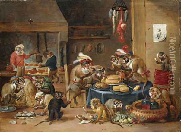 Monkeys preparing food in a kitchen Oil Painting - David The Younger Teniers