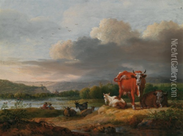 Sudliche Landschaft Mit Ruhenden Kuhen Und Rastenden Hirten Im Hintergrund Oil Painting - Maximilian Neustueck