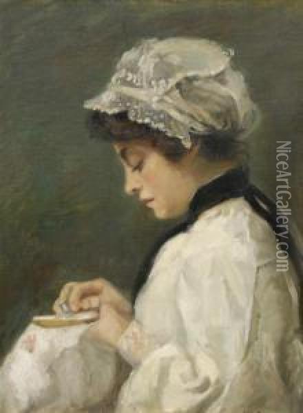 Girl Sewing Oil Painting - Jean Nutting Oliver