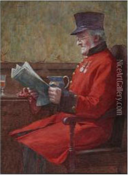 Old Gentleman Reading A Newspaper, And Another Similar Oil Painting - Henry M. Terry