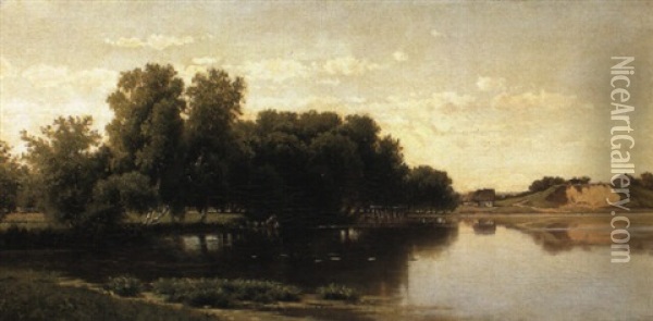 River Landscape With A Washerwoman Oil Painting - Lev L'vovich Kamenev