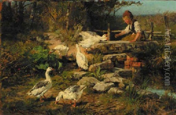 A Peasant Girl Feeding Geese Oil Painting - Antonis Matteo Montemezzo