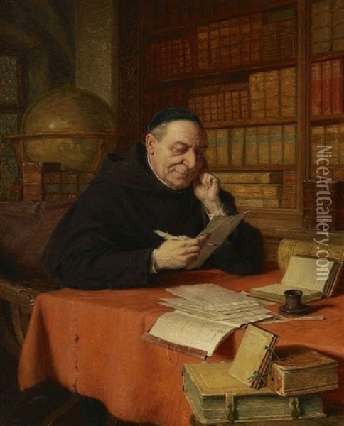 Briefschreibender Monch In Der Klosterbibliothek Oil Painting - Eduard von Gruetzner
