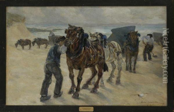 Le Pouldu Horses And Cars Oil Painting - Raphael Lewisohn