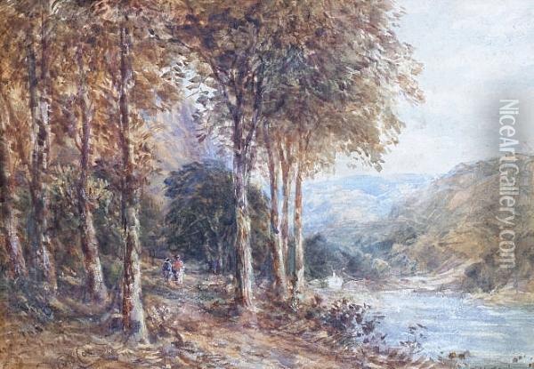 Figures On A Riverside Woodland Path Oil Painting - David I Cox