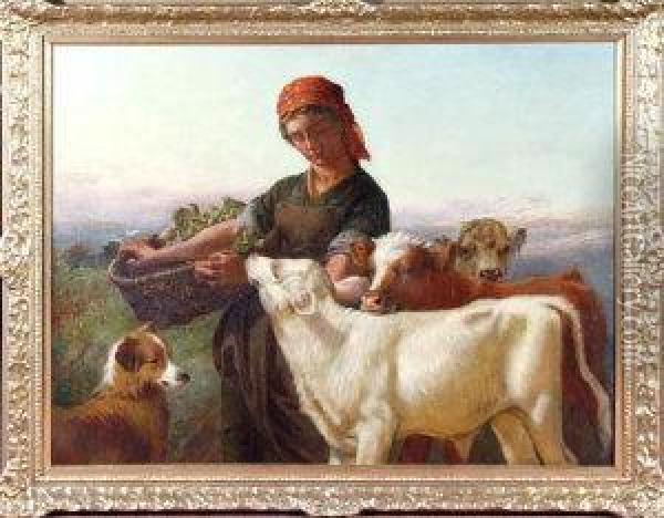 A Farm Girl With Three Calves And A Dog Oil Painting - Henry Hetherington Emmerson