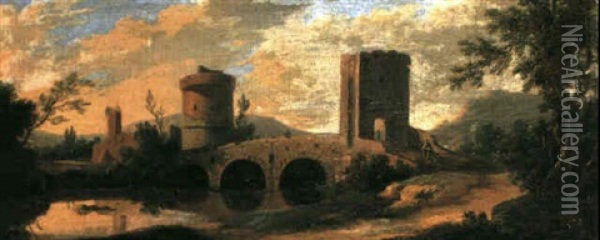 Peasants Crossing A Bridge With Turreted Gateways Spanning  A River Running Through A Wooded Valley Oil Painting - Paolo Anesi