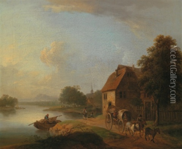 Flusslandschaft Mit Einem Pferdefuhrwerk Auf Der Uferstrase Oil Painting - Christian Georg Schuetz the Younger