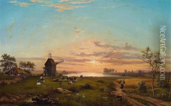 Abendliche Flusslandschaft Mit Muhle Oil Painting - Anton Castell