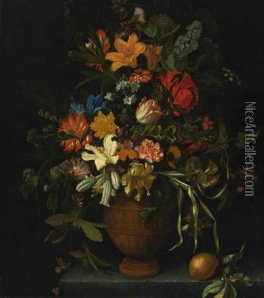 A Floral Still Life With Yellow And White Lilies, An Iris, A Sunflower, A Narcissus, Carnations And Other Flowers In A Terracotta Vase, Placed On A Ledge With A Lemon, A Lime And A Butterfly Oil Painting - Maria van Oosterwyck