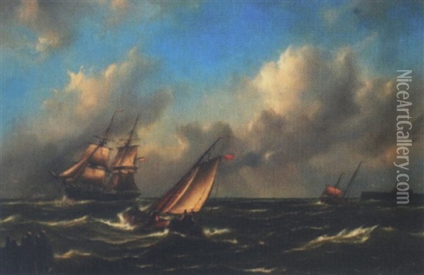 Marine Med Sejlskibe Udfor Kyst Oil Painting - Govert Van Emmerik