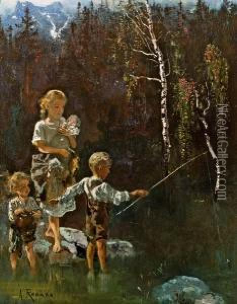 Angelnde Kinder Vor Einem Birkenwald Oil Painting - Anton Romako