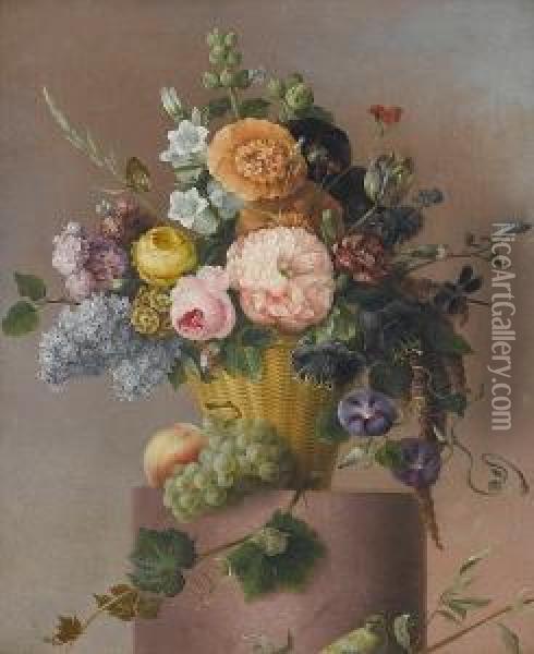 Roses, Morning Glory, Carnations, Stocks, Auriculas And Other Flowers In A Basket On A Stone Edge With Grapes And A Peach, A Greenfinch On A Branch Below Oil Painting - Augustin Alexandre Thierriat