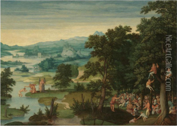 A River Landscape With St John The Baptist Preaching And The Baptism Of Christ Oil Painting - Cornelis Massys