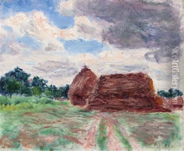 Landscape With Red Haystacks Oil Painting - Roderic O'Conor