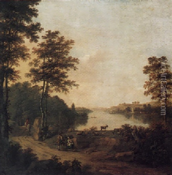 River Landscape With Figures And Animals On A Path, And A Distant Village Oil Painting - William Marlow