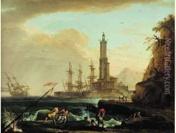 Scene De Mer Agitee Devant Un Port Meditterranen Oil Painting - Charles Francois Lacroix de Marseille