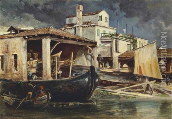 Boat Yard, Venice Oil Painting - Keeley Halswelle