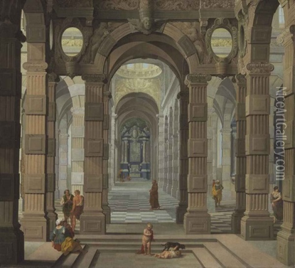 Interior Of A Baroque Church With A Friar And Peasants Oil Painting - Dirck Van Delen