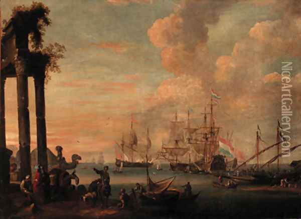 Dutch men-o'-war and other shipping moored in a calm beyond Oil Painting - Nicolaes Ryckx