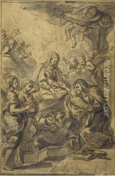 La Vierge Presentant L'enfant Jesus A Sainte Catherine De Sienne Entouree D'anges Et De Putti Oil Painting - Giuseppe Nicola Nasini