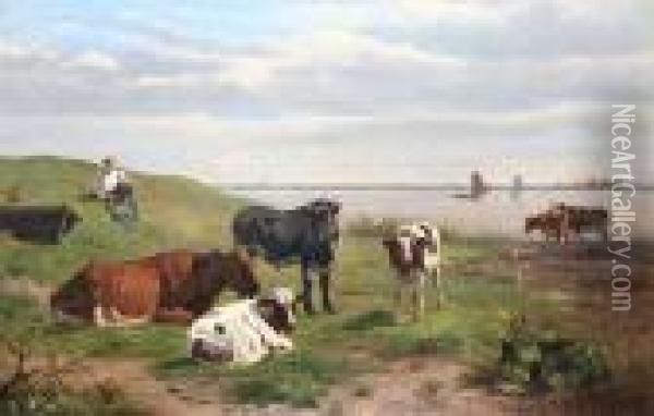 Herdsman And Cattle Watering By An Estuary Oil Painting - Otto Weber