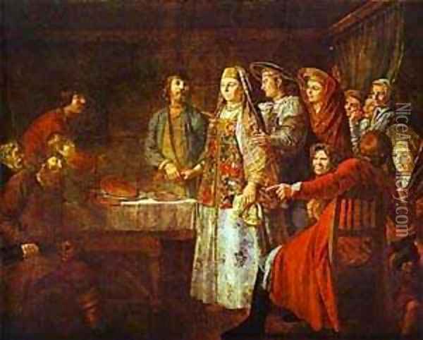 Signing of Marriage Contract 1777 Oil Painting - Mikhail Shibanov